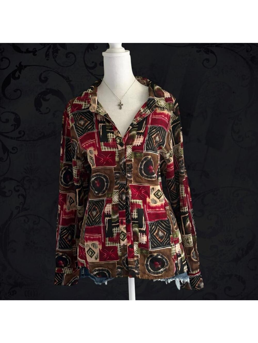 dark femme abstract patchwork geometric print whimsigoth top